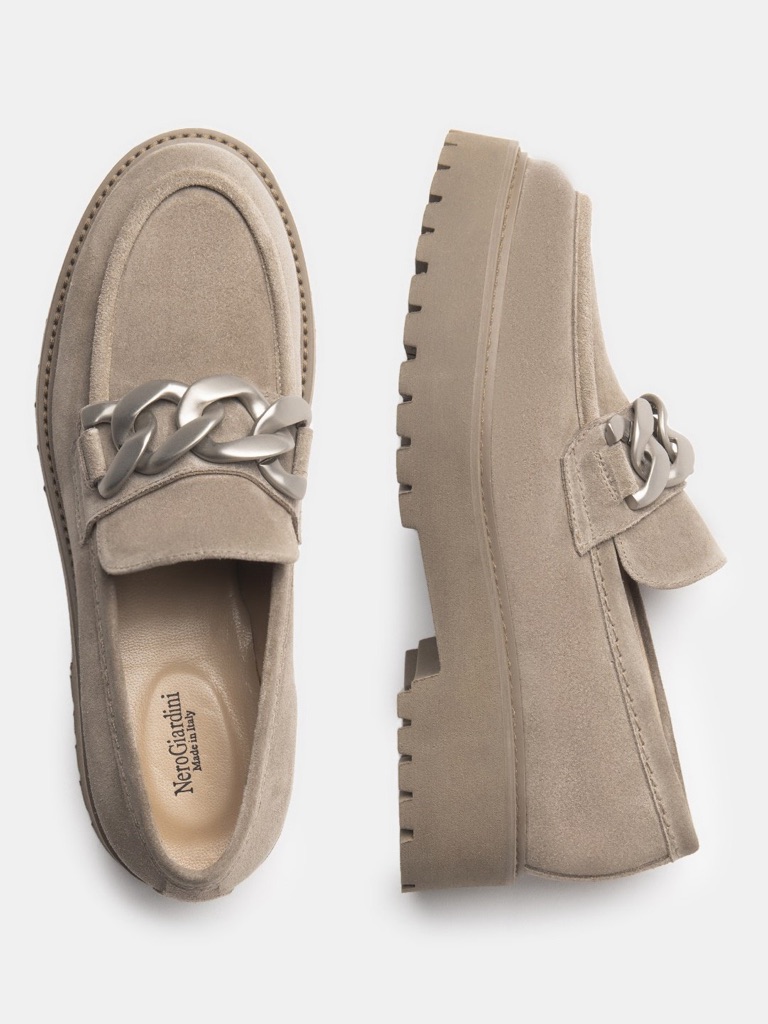 Nero Giardini Taupe Suede Chain-Trim Slip-On Loafers